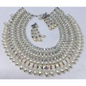 Vendome Faux Pearl Bib & AB Crystal Beads Vintage Runway Statement Necklace Set